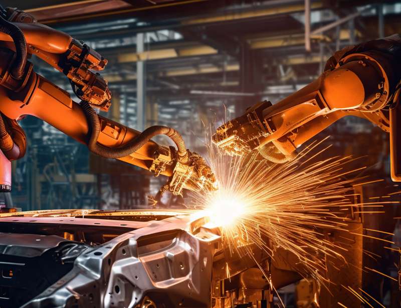 Image of robotic welders assembling car bodies